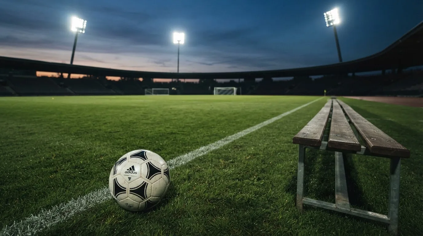 Ein Fußball liegt am Spielfeldrand neben einer leeren Ersatzbank, das Flutlicht über dem Platz leuchtet in der Dämmerung.
