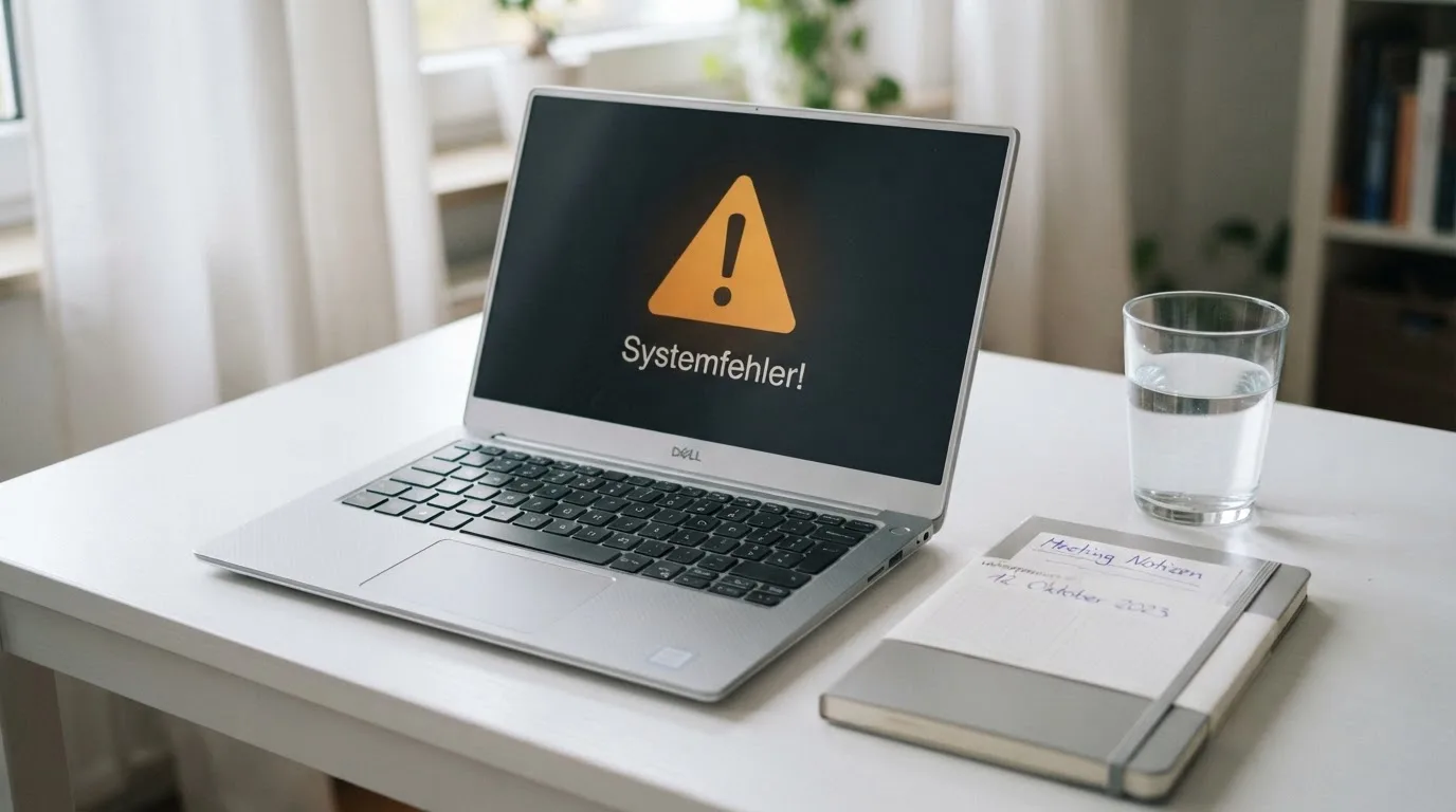 Ein Laptop mit dunklem Bildschirm steht aufgeklappt auf einem Schreibtisch, daneben ein Notizbuch und ein Glas Wasser.