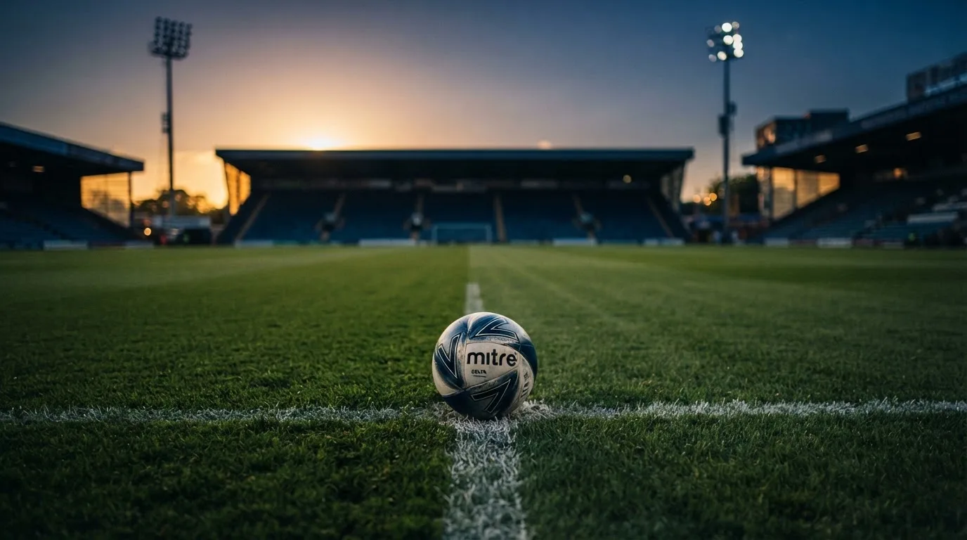 Ein Fußball liegt auf dem Anstoßpunkt eines Rasenplatzes in der Abenddämmerung, Flutlichtmasten stehen unscharf im Hintergrund.