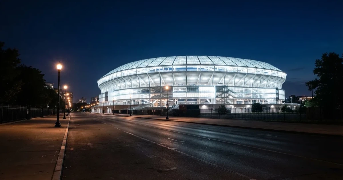 Ein hell erleuchtetes Fußballstadion bei Nacht aus der Ferne gesehen, über dem Dach ein klarer Himmel, davor eine leere Straße.