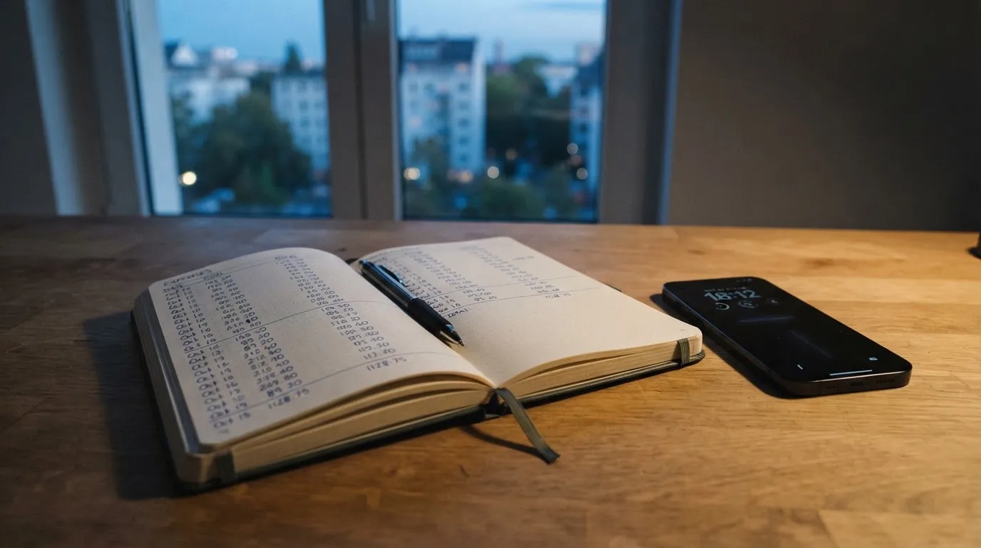 Ein Notizbuch mit handschriftlichen Zahlen liegt neben einem Smartphone mit dunklem Display auf einem Tisch, im Fenster Dämmerlicht.