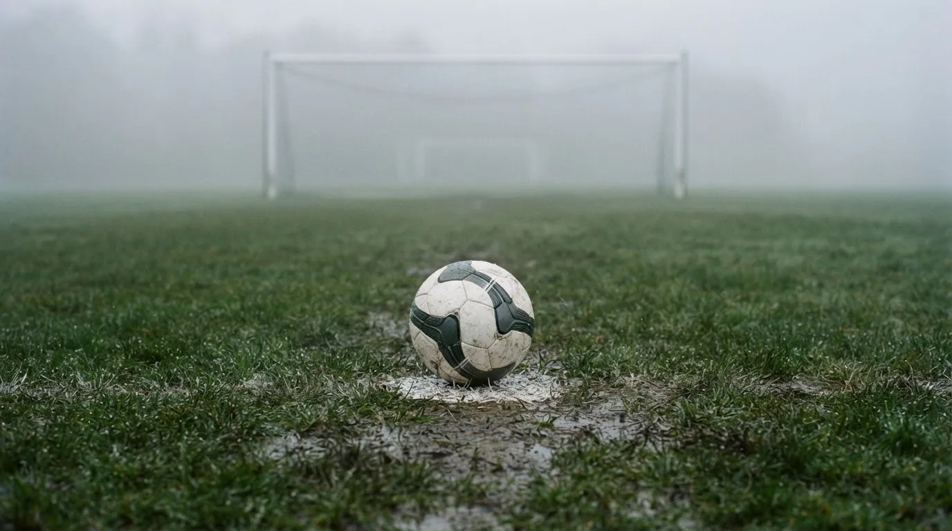 Ein Fußball liegt auf dem Elfmeterpunkt eines nassen Rasenplatzes, im Hintergrund ein leeres Tor im Nebel.