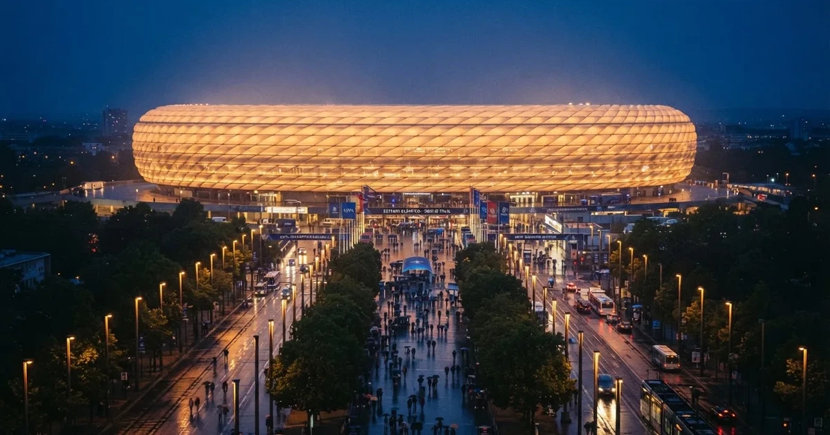 Ein großes Fußballstadion mit hell erleuchtetem Rund, aus der Ferne am Abend gesehen, davor eine breite Allee mit Laternen.
