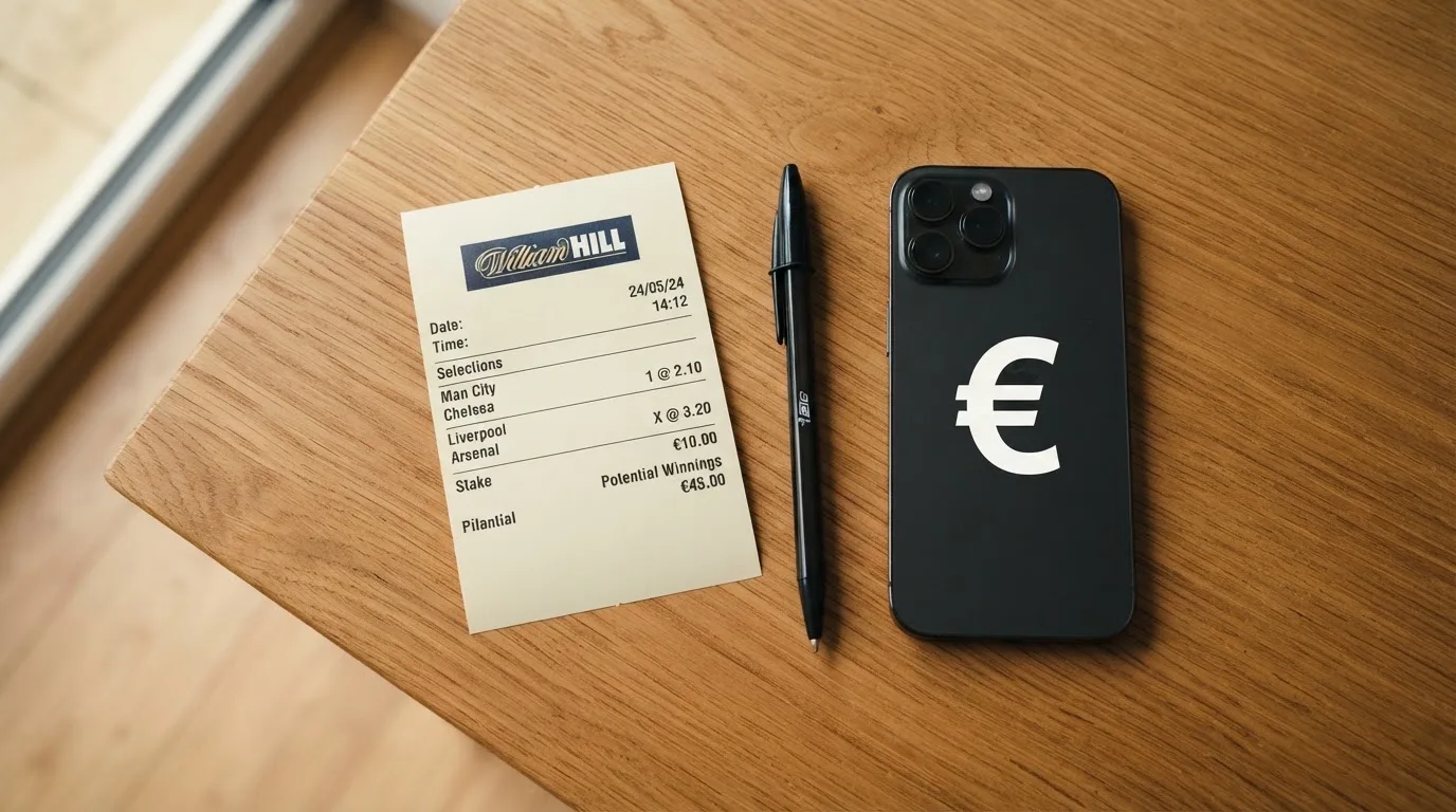 Ein leerer Papier-Wettschein und ein Kugelschreiber liegen auf einem Holztisch neben einem schwarzen Smartphone.