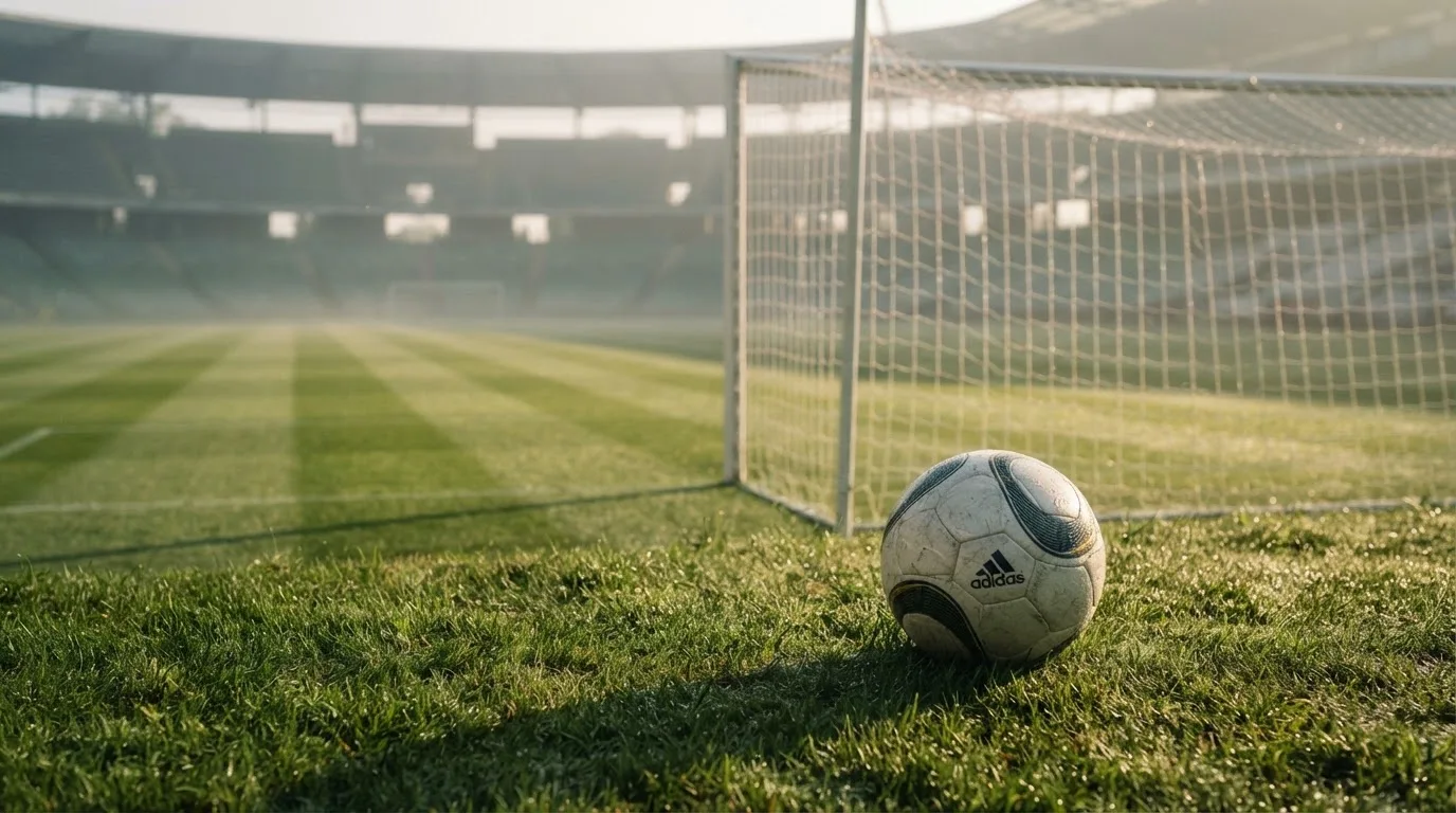 Ein Fußball liegt auf dem Rasen vor einem Tor im Morgennebel, die Netzmaschen sind taufeucht.