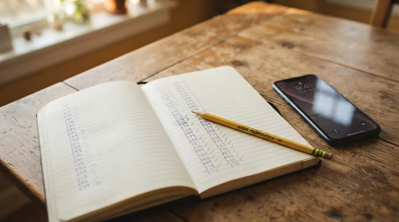Ein Notizbuch mit handschriftlichen Zahlenreihen liegt neben einem Bleistift und einem Smartphone mit dunklem Display auf einem Tisch.