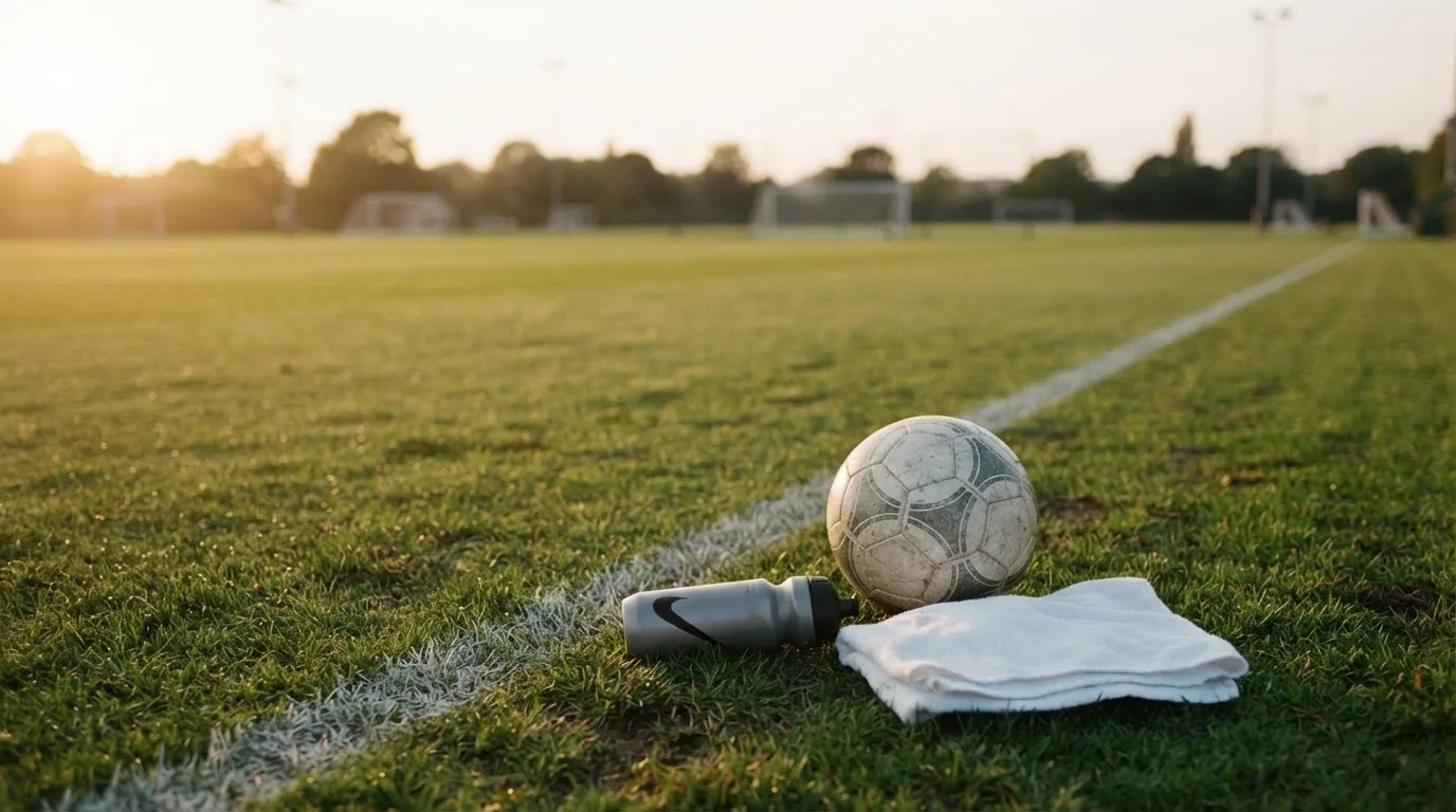 Ein Fußball auf einer Wiese neben der Seitenlinie, daneben eine Trinkflasche ohne Aufdruck und ein Handtuch.