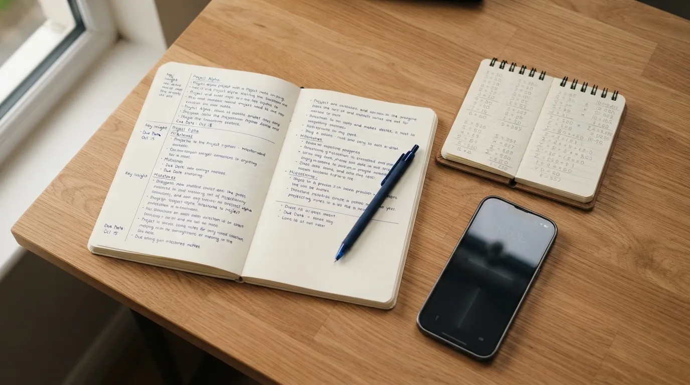 Ein Notizbuch mit handschriftlichen Notizen und ein Taschenrechner liegen auf einem Schreibtisch neben einem Smartphone mit dunklem Display.