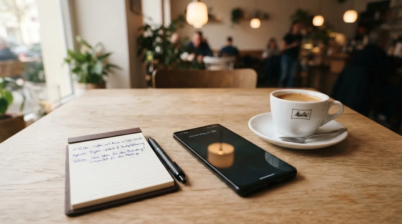 Ein Smartphone liegt mit schwarzem Display neben einer Kaffeetasse und einem Notizblock auf einem Café-Tisch.