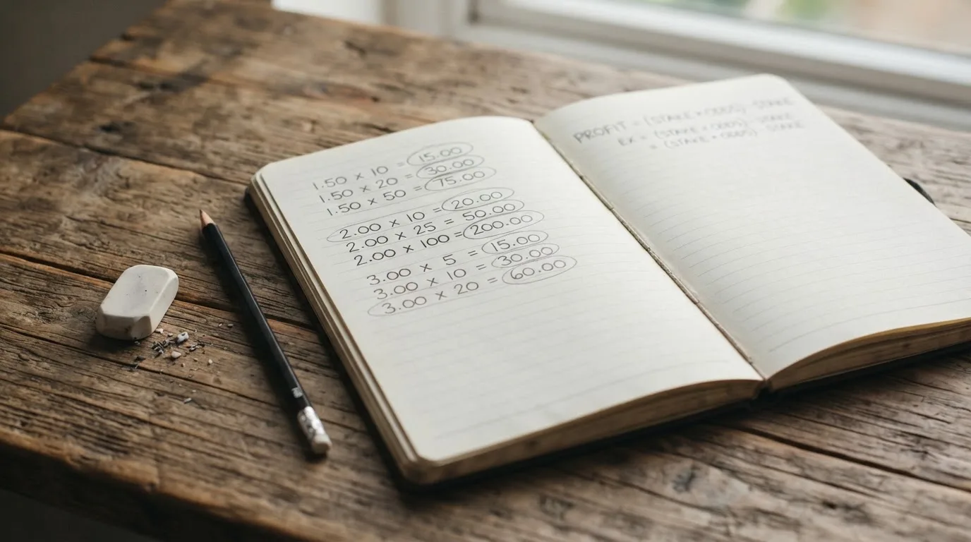 Ein Notizbuch mit handschriftlichen Multiplikationen liegt aufgeschlagen auf einem Holztisch, daneben ein Bleistift und ein Radiergummi.
