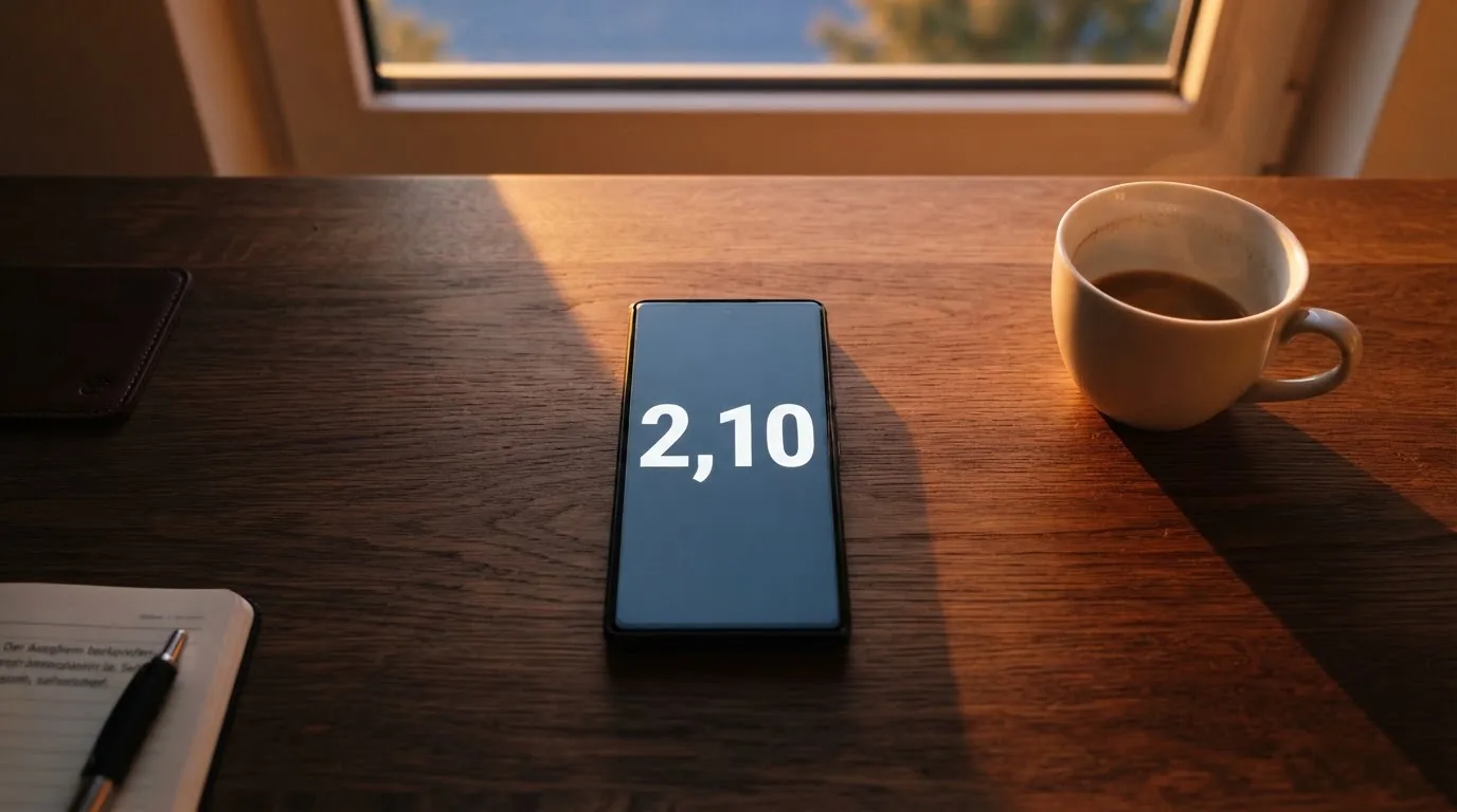 Ein Smartphone mit dunklem Display liegt neben einer Kaffeetasse auf einem Schreibtisch, durch das Fenster fällt Abendlicht.