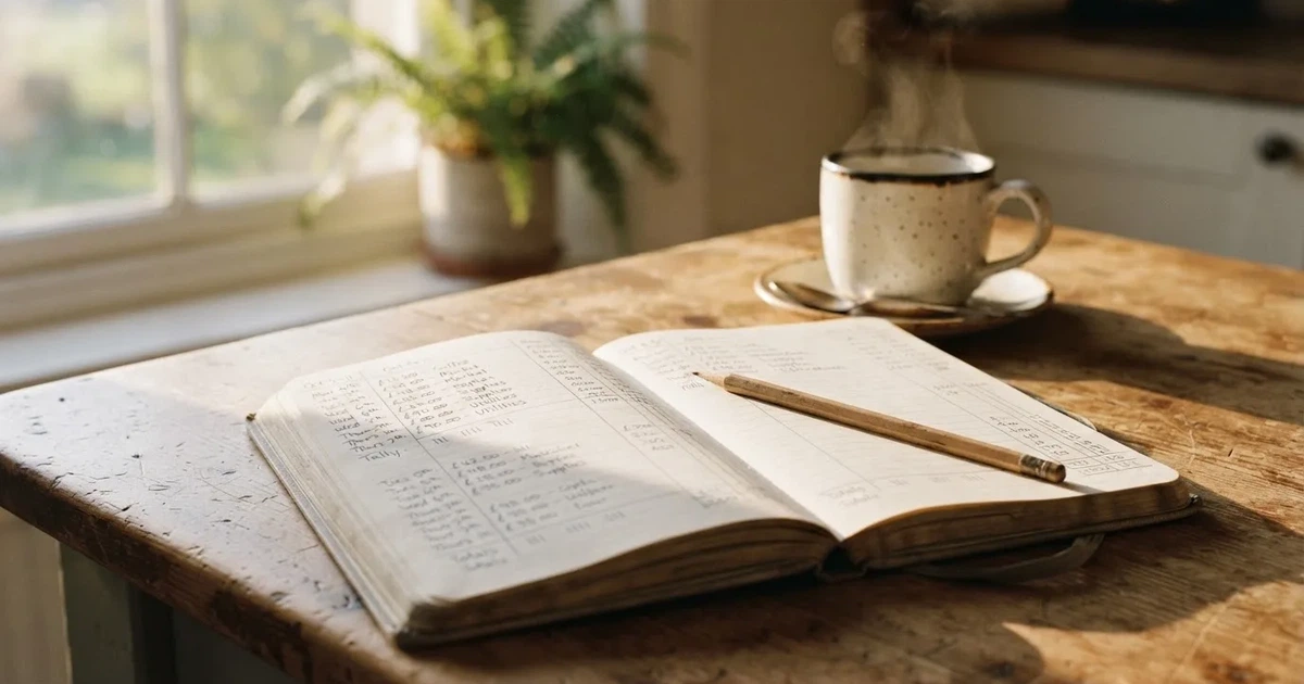 Ein aufgeschlagenes Notizbuch mit handgezeichneten Spalten und Strichen liegt neben einem Bleistift und einer Kaffeetasse auf einem Tisch am Morgen.
