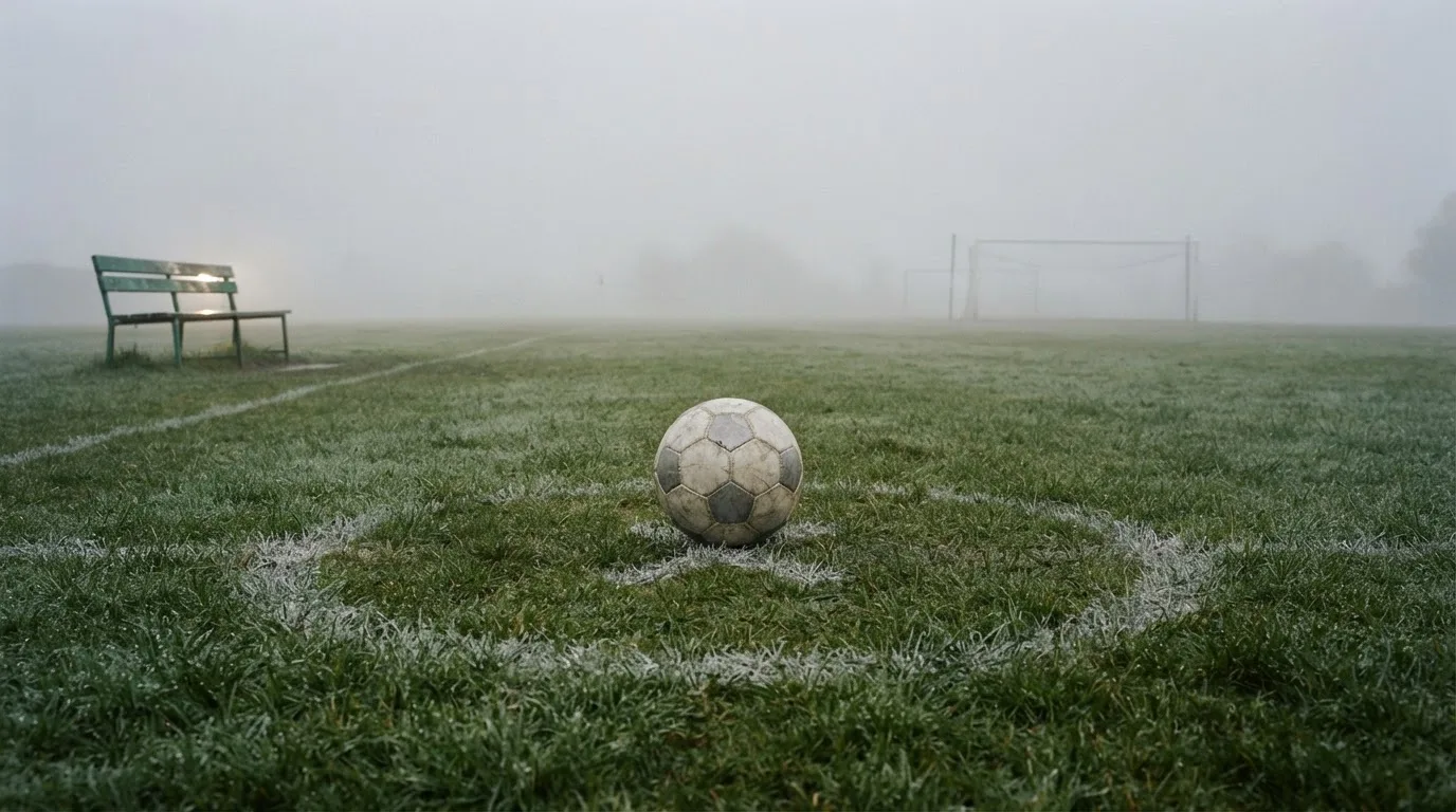 Ein Fußball liegt in der Mitte eines leeren Rasenplatzes im Morgennebel, am Rand steht eine einzelne Auswechselbank.