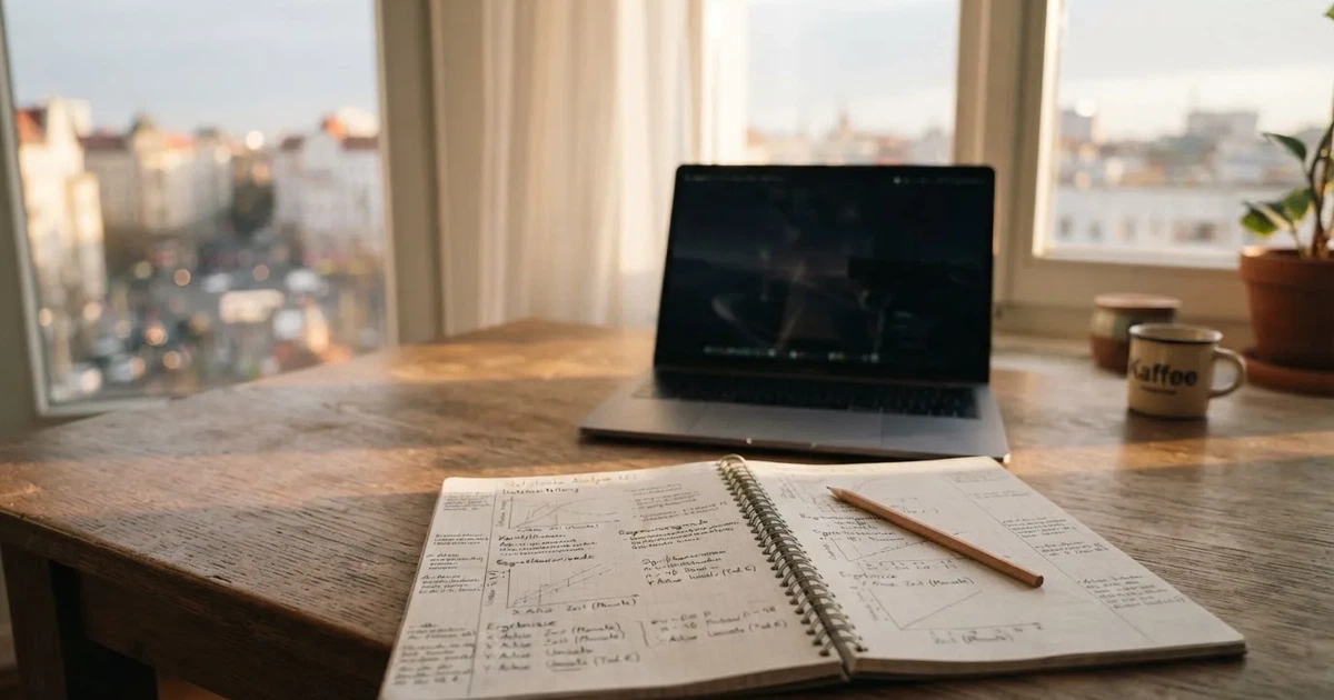 Ein Laptop-Bildschirm bleibt dunkel, davor ein Notizbuch mit handgezeichneten Kurven und ein Bleistift auf einem Schreibtisch am Fenster.