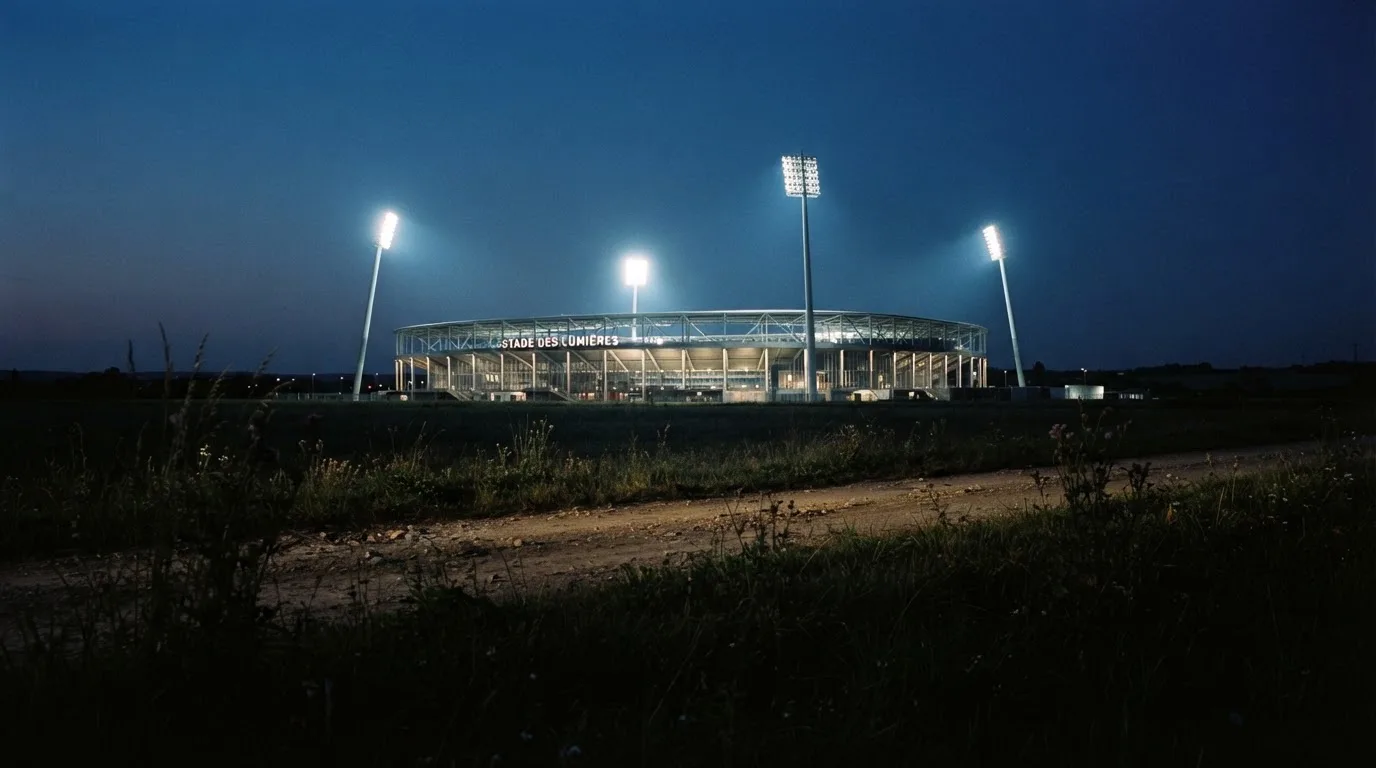 Ein Stadion unter Flutlicht von weitem gesehen, davor ein Feld und ein Feldweg im Dunkeln.